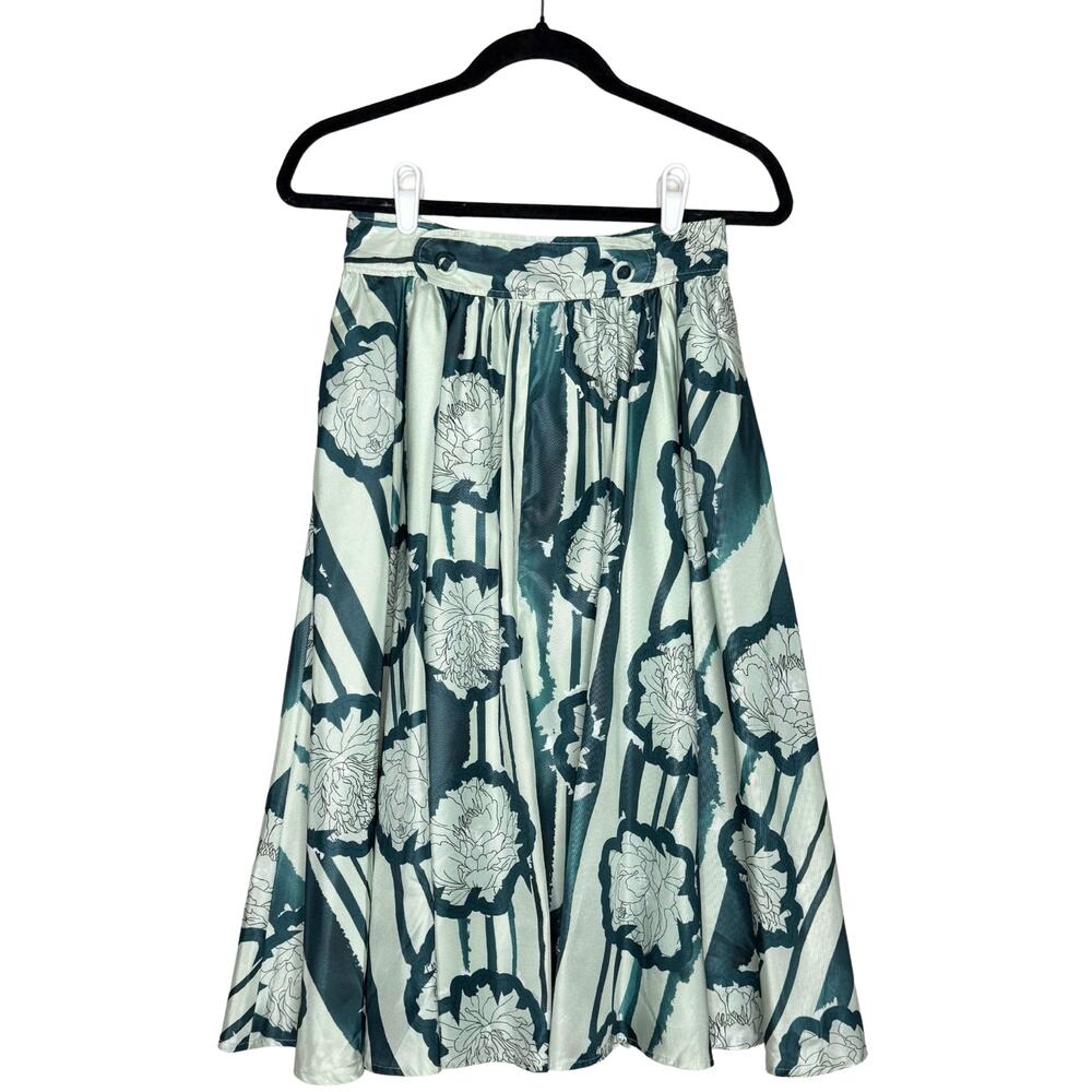 Anthropologie Troubadour Waterlily Floral Striped Circle Skirt 4P Green Workwear